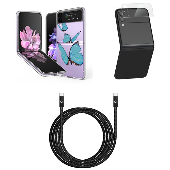 Bemz Premium Bundle for Samsung Galaxy Z Flip 3 5G: Slim Snap-On Protector Case (Blue Butterflies), Rear Camera Glass Protector, Nylon Braided USB-C to USB-C Cable (4 Feet)