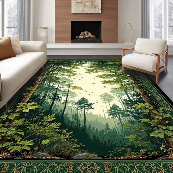 ODIKA 4'x6' Machine Washable Non-Slip Area Rug, Misty Forest Deep Green with Bronze Accents High Traffic Rug, Green, 93046
