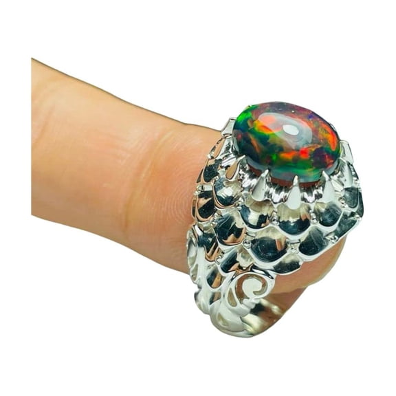 Black Opal Mans Ring, Natural Black Opal Ring, October Birthstone, Micron Plated Jewelry, 925 Silver Ring, Designer Ring, Arabic Ring, Ottoman Turkish Ring, Christmas, Heavy Signet Ring