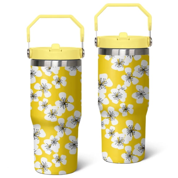30oz Pioneer Stainless Steel Tumbler with Top Handle,Colorful Floral VintageTravel Coffee Mug Flip Straw Cup,Gifts for Women Girls Men Adults(light-yellow)