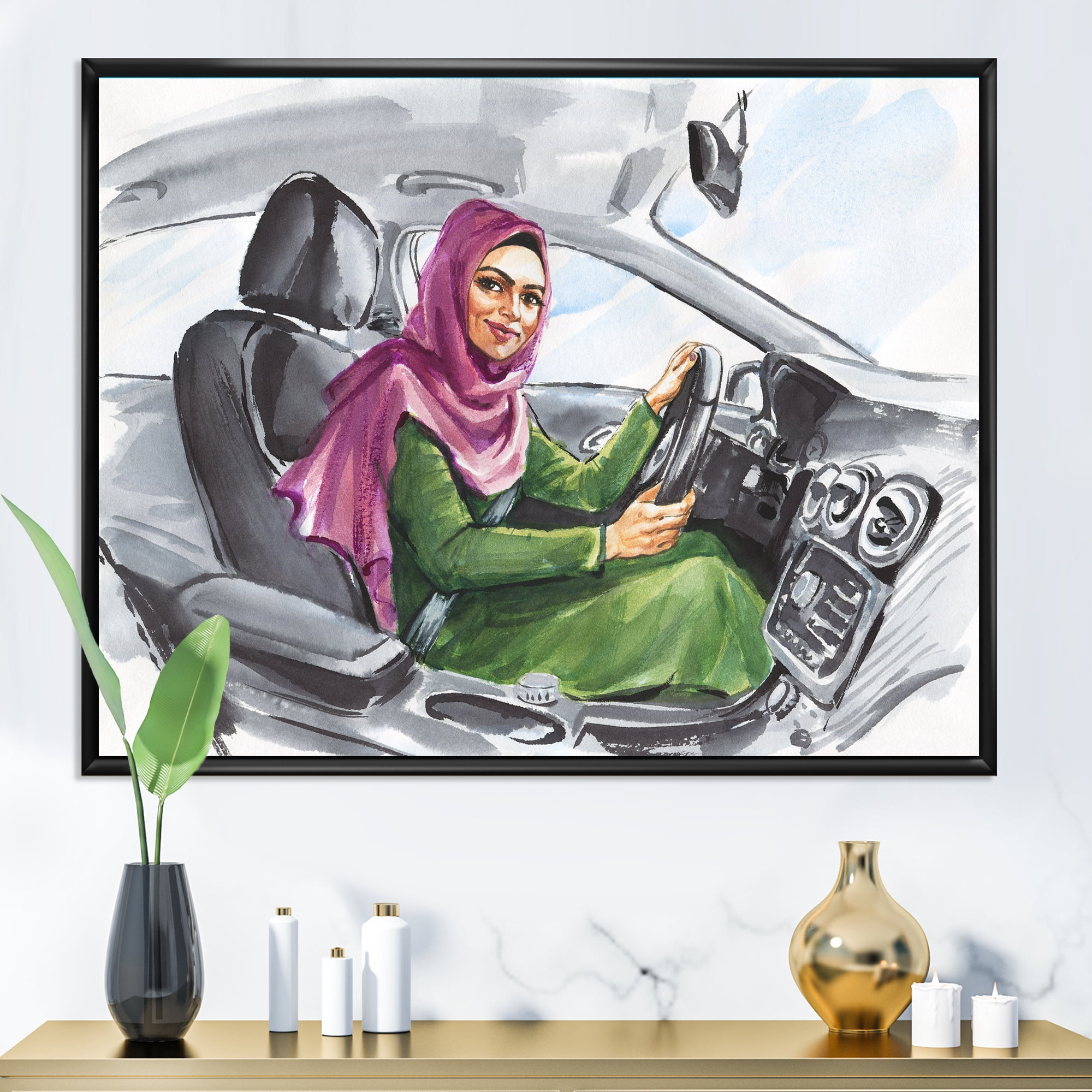 Designart 'Arabian Lady Driving A Car II' Modern Framed Canvas Wall Art Print