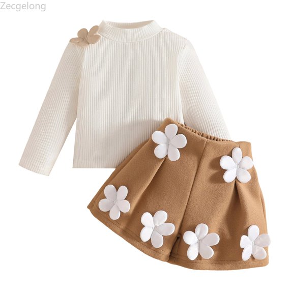 Zecgelong Girls Outfits Sets Long Sleeve High Neck Embroidered Ribbed Top With Button Shorts Winter Fall Casual School Party Outfit For Toddler Baby Girls Outfits Sets Age 9-12 Months