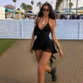 thumbnail image 6 of Women'S Spaghetti Strap Bodysuit Lace-Up V-Neck Halter Top Ruffle Shorts Jumpsuit Club Party Bodysuit Black L, 6 of 8