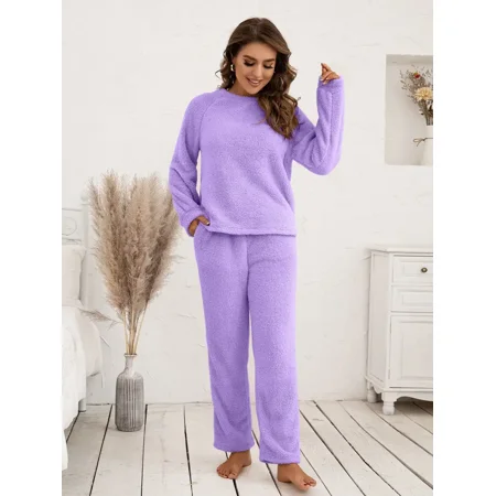

Women‘s Sweatshirt Set Plain Casual Comfortable Pajama Double-sided Two-way Fuzzy Pullover Pajamas Set