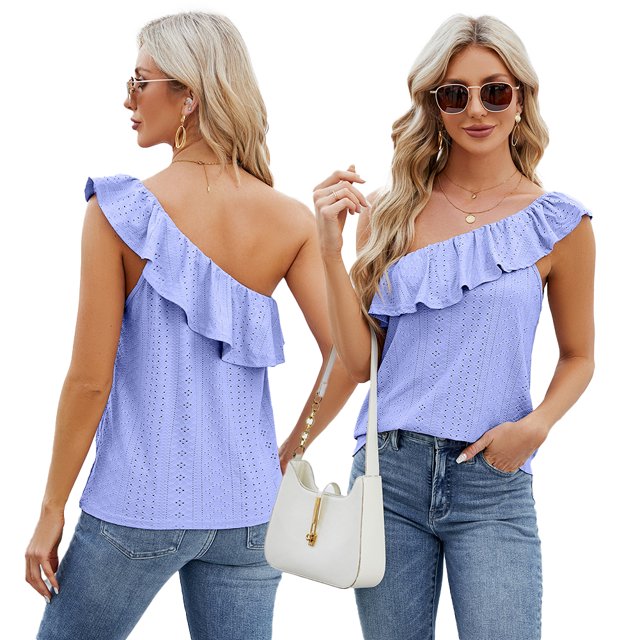 Fjuchai Womens Summer Tank Tops Sleeveless Ruffled One Shoulder Vest Solid Shirts Vest Tees Shirts Button Slim Round Neck Sleeveless Top