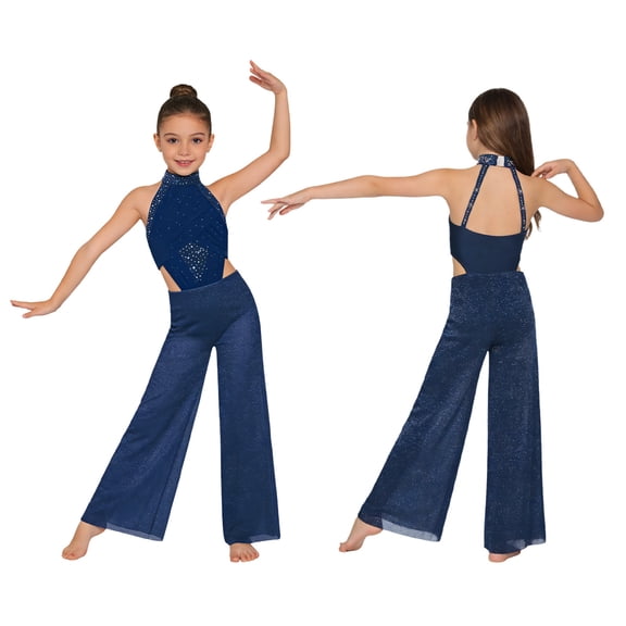 Hansber Kids Girls Sleeveless Cutout Back Sequins Lyrical Ballet Leotard Dress Contemporary Dance Wear Navy Blue 6