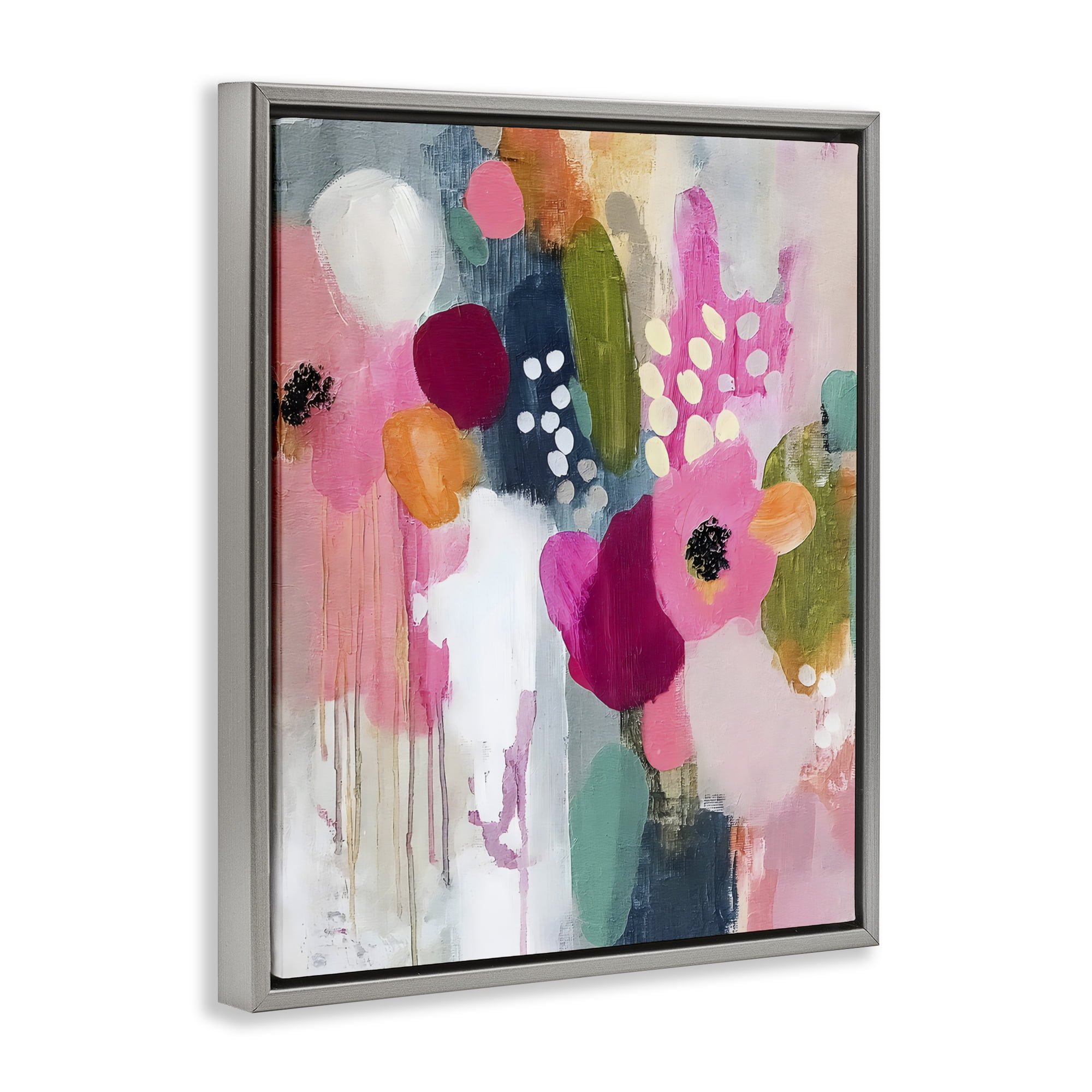 Stupell Industries Paint Drip Blooms Cascade Gray Framed Floater Canvas Wall Art, design by Riley B