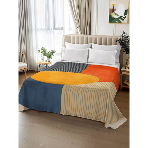 King Size Flat Sheet Only,Orange Color Block Boho Style Soft Top Bed Sheets Breathable Bedding Sheet Modern Minimalist Style Microfiber Hotel Luxury Top Sheets