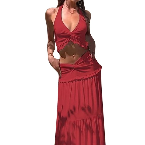 Women'S Maxi Skirt Set 2 Piece Outfits Sleeveless Strap Top Maxi Skirt Vacation Skirt Set Red XS