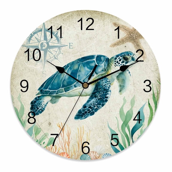 Silent Wall Clocks Battery Operated, Beach Coastal Theme Round Decorative Wall Clock for Living Room Bedroom Kitchen Bathroom Classroom Decor, 12 Inch Vintage Sea Turtle