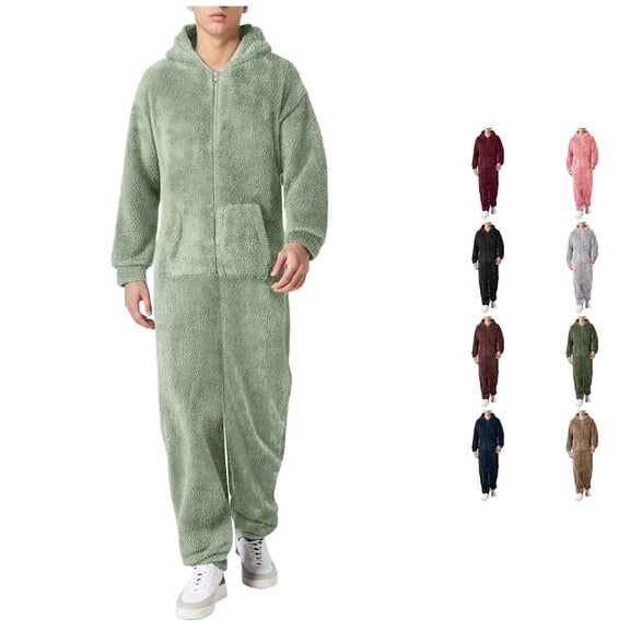 Men Artificial Wool Long Sleeve Pajamas Casual Solid Color Zipper Loose Hooded Jumpsuit Pajamas Casual Winter Warm Rompe 1 Piece Suit On Sleepwear