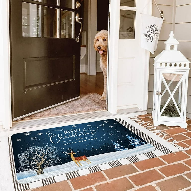 JOOCAR Christmas Mat, Blue Winter Snow Night Fawn Merry Christmas Tree  Christmas Mat for Home Kitchen Starter Home Front Door Welcome Indoor  Outdoor
