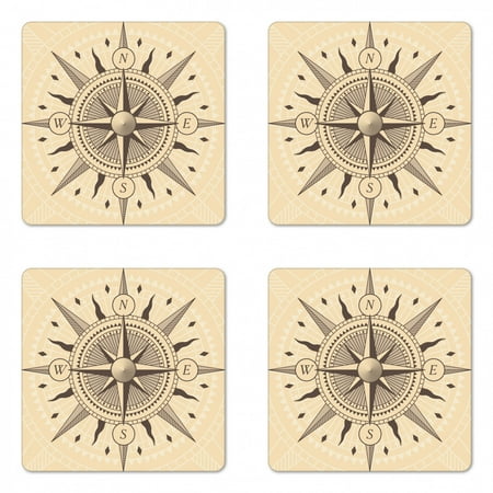 

Compass Coaster Set of 4 Vintage Exploration Windrose Design with Tan Background Abstract Elements Theme Square Hardboard Gloss Coasters Standard Size Tan Taupe by Ambesonne