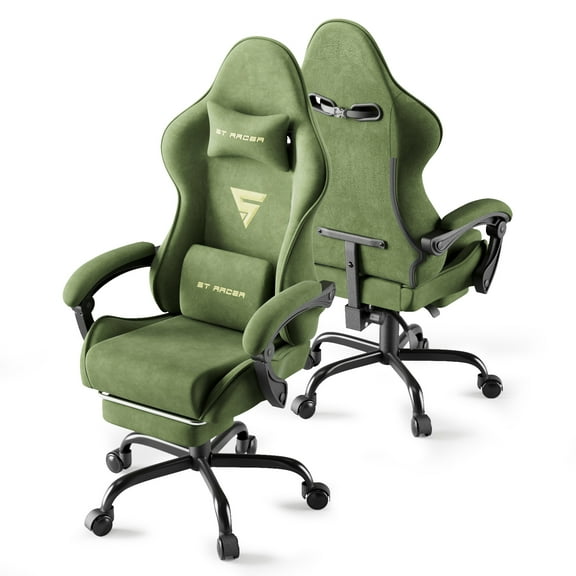 SOONTRANS Gaming Chair for Adult, Velvet Fabric High Back Gamer Game Chair with Footrest, Ergonomic Comfortable Computer Office Chair with Massage Lumbar Cushion, Reclining Leather Desk Chair, Green