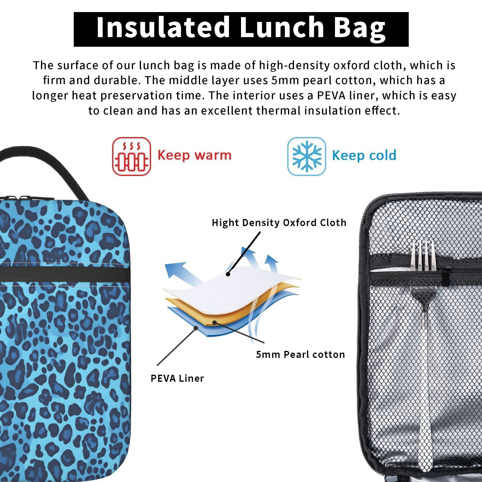 Lunch Bag For Women Men Insulated Portable Lunch Box Bento Box Office Picnic Travel Cooler Bag Leopard Print Pattern Blue And Black_2