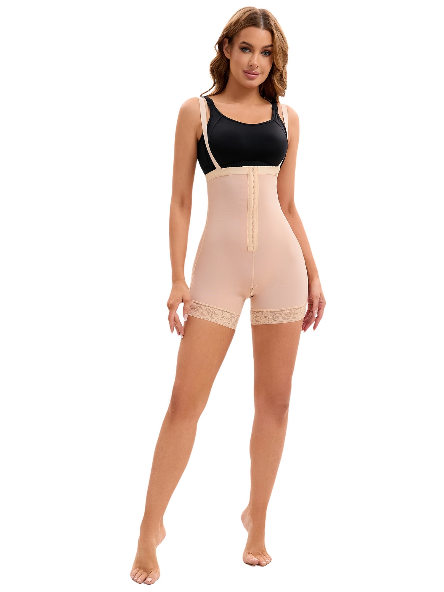 DARING DIVA Women's Cami Front Hook Thigh Slimmers Shapewear Bodysuits Beige L