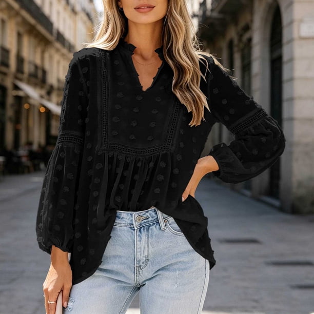 Neewe Womens V Neck Long Sleeve Tops Dressy Casual Fall Shirts Puff Sleeve Loose Tunic Trendy Tops Blouses