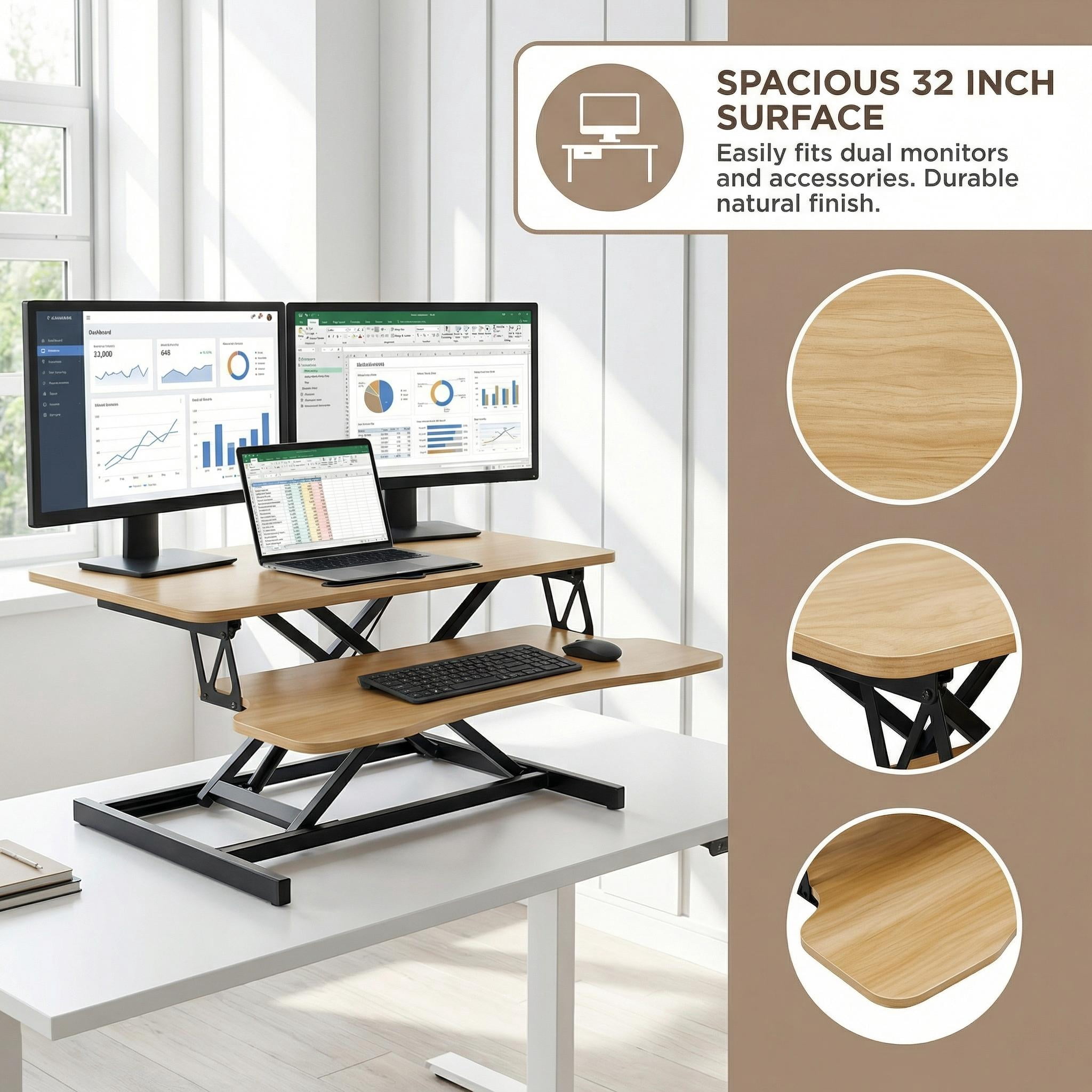 Height Adjustable Standing Desk Converter – 31.5" Wide Desk Riser with Spacious Work Surface, Ergonomic Sit-Stand Workstation for Monitor & Laptop, Natural