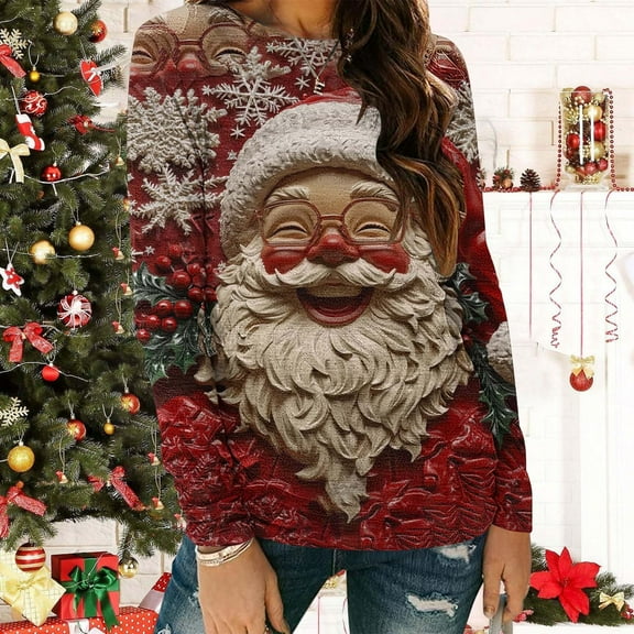 asdoklhq Womens Flannel Shirt Womens' Christmas Printed Long Sleeved Round Neck Top/shirt Red 5X