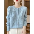 thumbnail image 3 of Cárdigan de lana con cuello redondo para mujer, suéter de cachemira para otoño e invierno, suéter de punto con cable, suéter de manga larga calado, 100 % lana merino de punto, 3 of 5