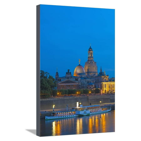 Europe, Germany, Saxony, Dresden, Bank of River Elbe, Church of Our Lady, Cruise Vessels Stretched Canvas Print Wall Art By Chris