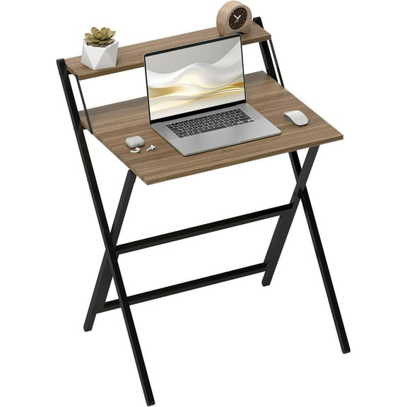 LLToo  Small Folding Desk, 27.6 Inch Foldable Computer Desk with Monitor Shelf, Space Saving Portable Writing Table for Small Spaces, Home Office, Study, Easy Assembly, Walnut