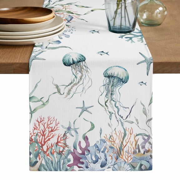 Coastal Jellyfish Table Runner, Ocean Nautical Starfish Coral Seaweed Washable Cotton Linen Table Runners 60 Inches Long, Dresser Scarf Runner for Coffee/TV Stands/Kitchen/Cabinets 13''x60''