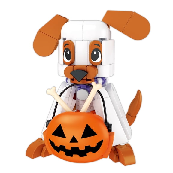 Brickcraft Halloween Woof or Treat Building Kit (154-Piece Set), Posable Ears Dog Figure in Ghost Costume, Trick-or-Treat Halloween Decoration, Gift for Dog Lovers Ages 8