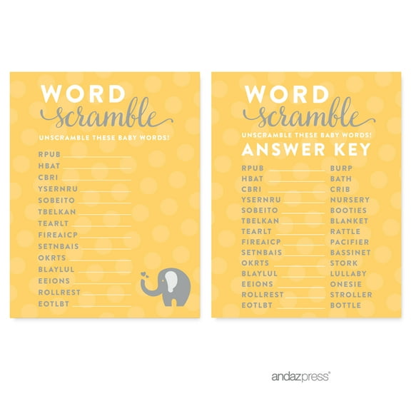 Word Scramble Yellow Gender Neutral Elephant Baby Shower Games, 20-Pack