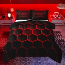 jejeloiu Geometric Honeycomb Pattern Queen Comforter Set,Red Black Hexagon Bedding Comforter Set For Boys Kids Reversible 3 Pieces
