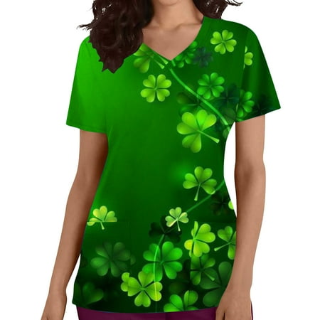 

KIJBLAE St.Patrick s Day Shirts for Women Clover Print Tops Short Sleeve Tees Working Uniform Clothes for Girls Crewneck T-shirt Tunic Scrub Pocket Blouses Army Green XXL Discount