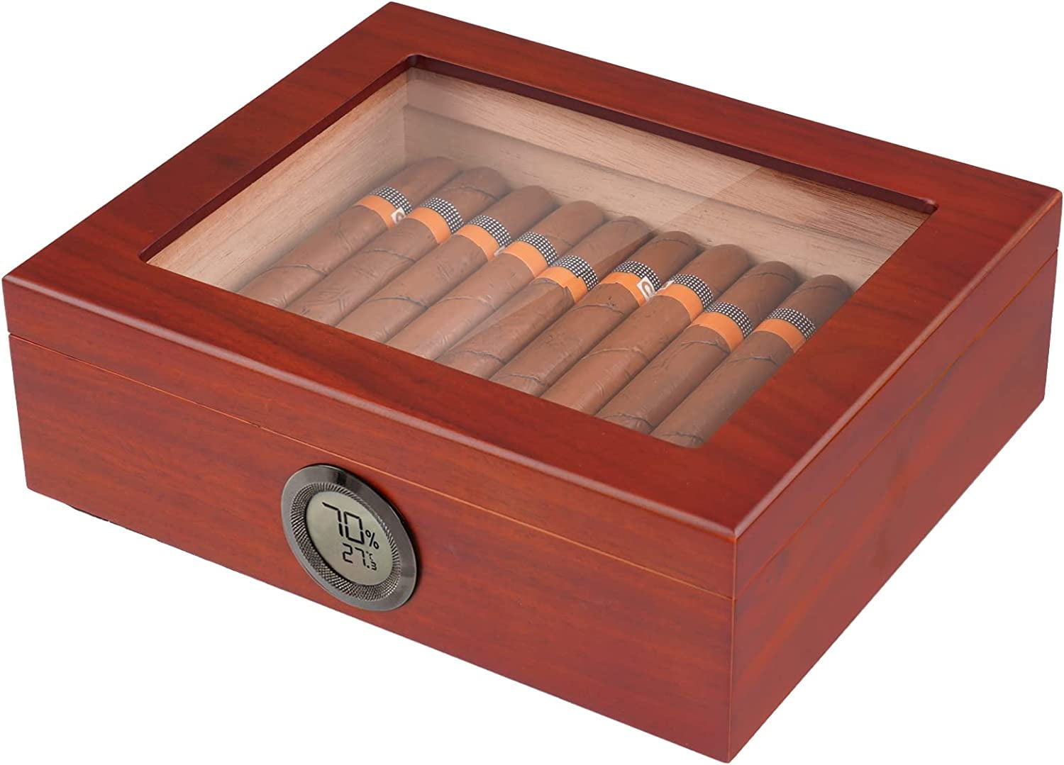 Cigar Humidors Box, Spanish Handmade Cigar Box, Glass Top humidor, Digital Hygrometer Front Humidifier, Hold 15-40 Cigars -