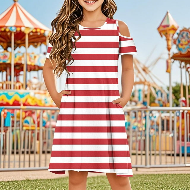 Économies d'Été! Robe d'Été pour Enfants, Robes Décontractées pour Filles en Liquidation, Robe Sans Manches Extensible pour Filles, Robe Trapèze Tournoyante pour Récital Scolaire, Robe à Manches Courtes et Col Rond