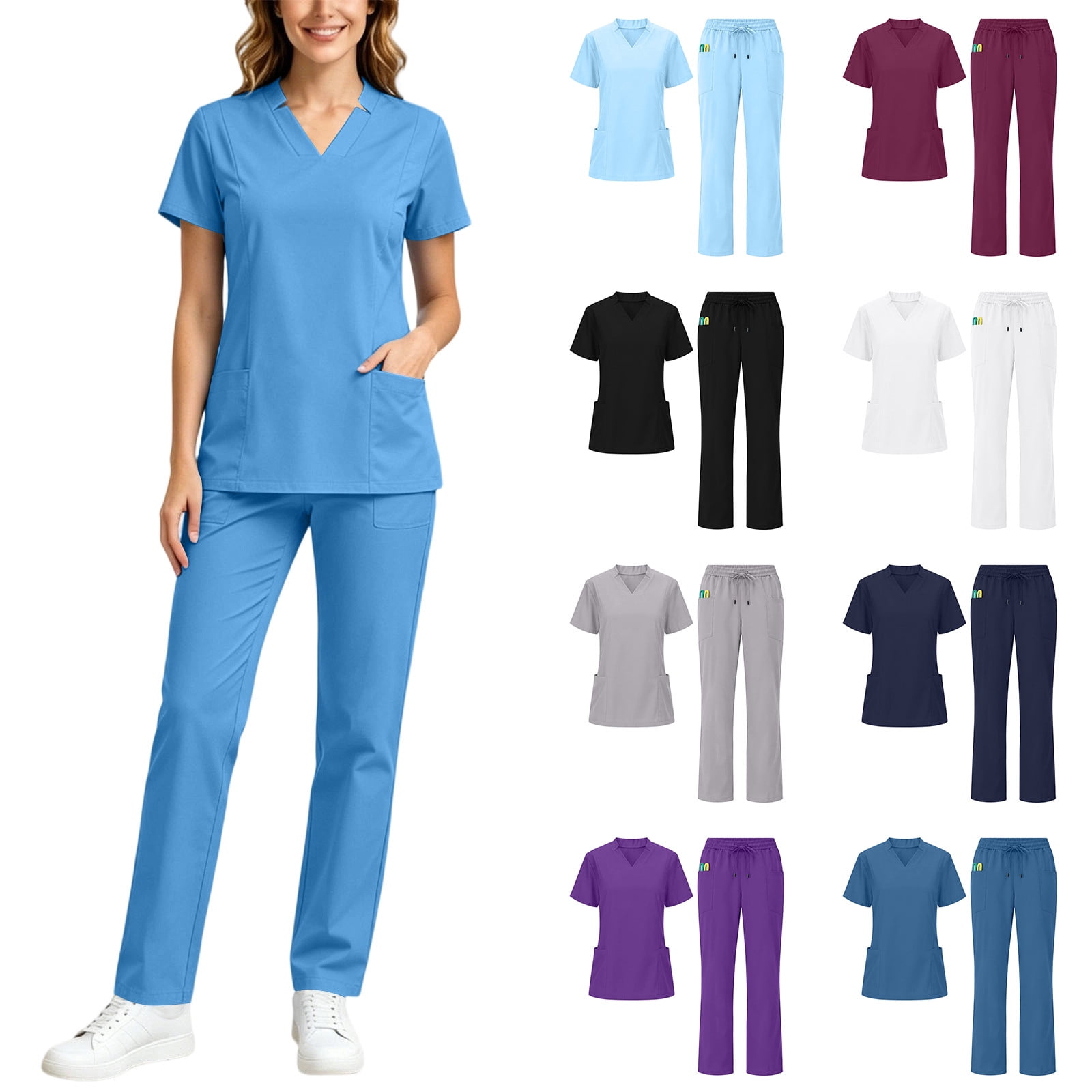 Plus Size Scrubs Set for Women V-Neck Short Sleeve Tops Elastic Waist Trousers Solid Color Medical Nursing Uniforms Outfits with Pockets