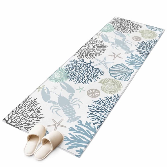 Blue Beige Coastal Runner Rug 2x6 FT, Non Slip Hallway Carpet, Summer Lobster Coral Nautical Washable Soft Floor Carpet Throw Runner Carpet Long Rug for Entryway Kitchen Bedside Sliding Door