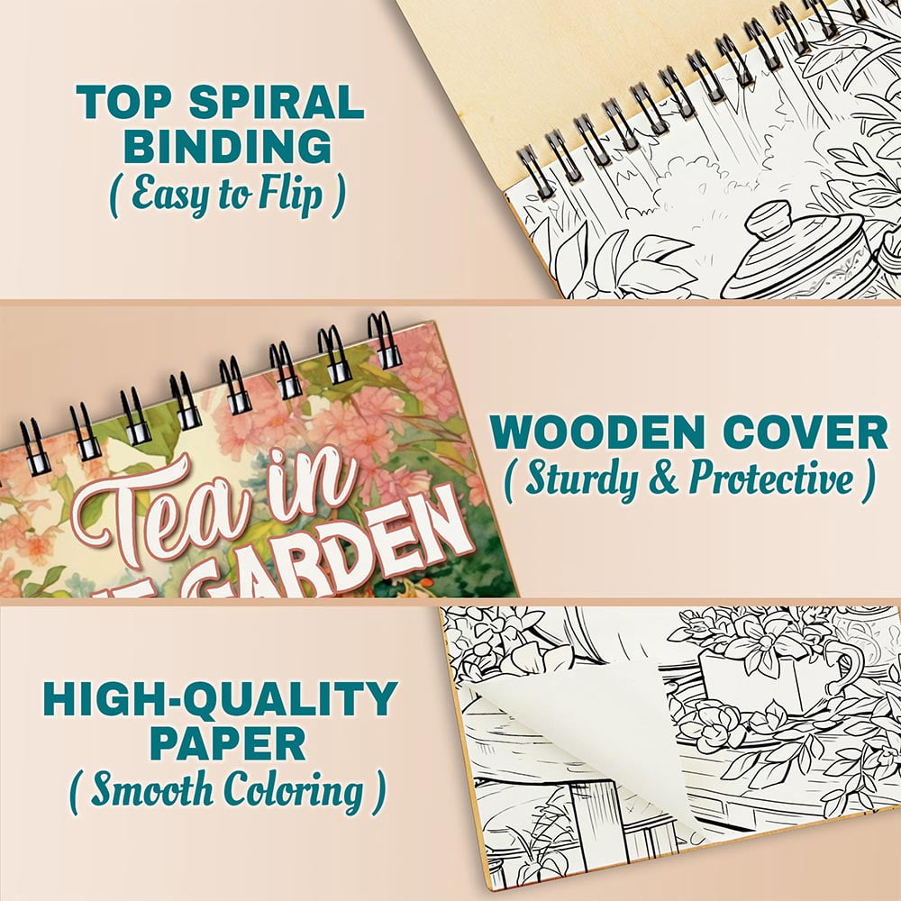 Netecom Tea in the Garden Coloring Book Spiral Bound For Adults, A5 Wooden Cover, 30 Charming Coloring Pages in Cozy Garden Scenes for Stress Relief and Relaxation