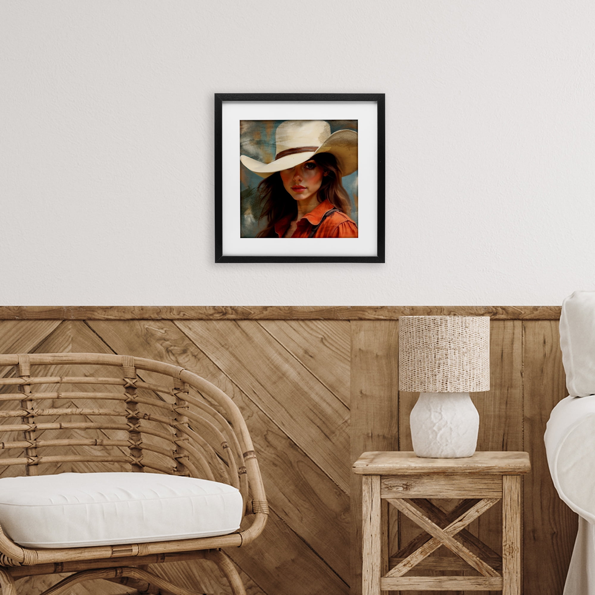 Cowgirl Gaze Beneath Hat Black Framed Print Under Glass, design by Kim Allen