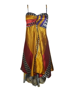 Mogul Women Colorful Vintage Recycled Sari Printed Sundress Layered Spaghetti Strap Beach Summer Dresses S/M