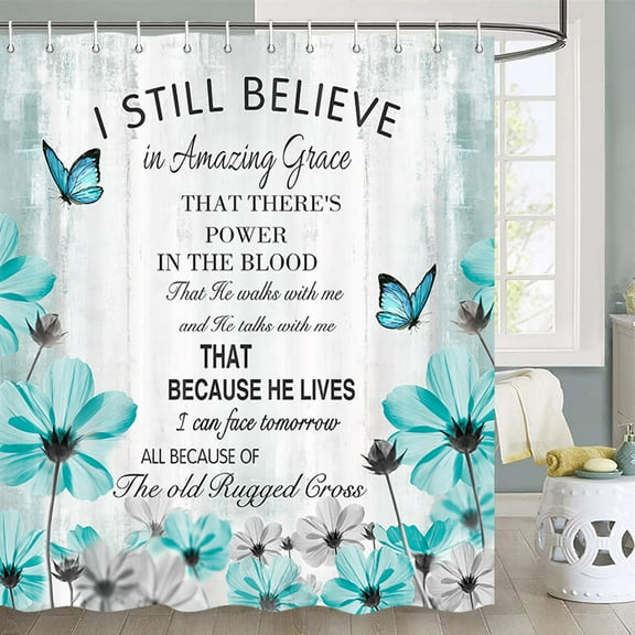 Inspirational Quotes Shower Curtain, Blue Butterfly White Cotton Flower Inspirational Quotes with Blue Daisy Shower Curtain Abstract Bible Verse Scripture Shower Curtain Set with Hooks(70"X70")