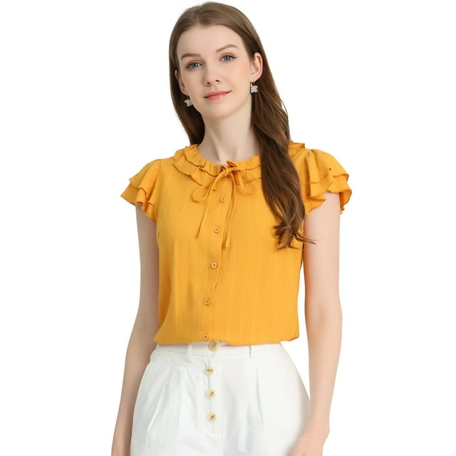 INSPIRE CHIC Blusa De Trabajo De Algodón De Cuello De Corbata De Volante Delantero Con Botón De Manga Flutter Para Mujer Amarillo S