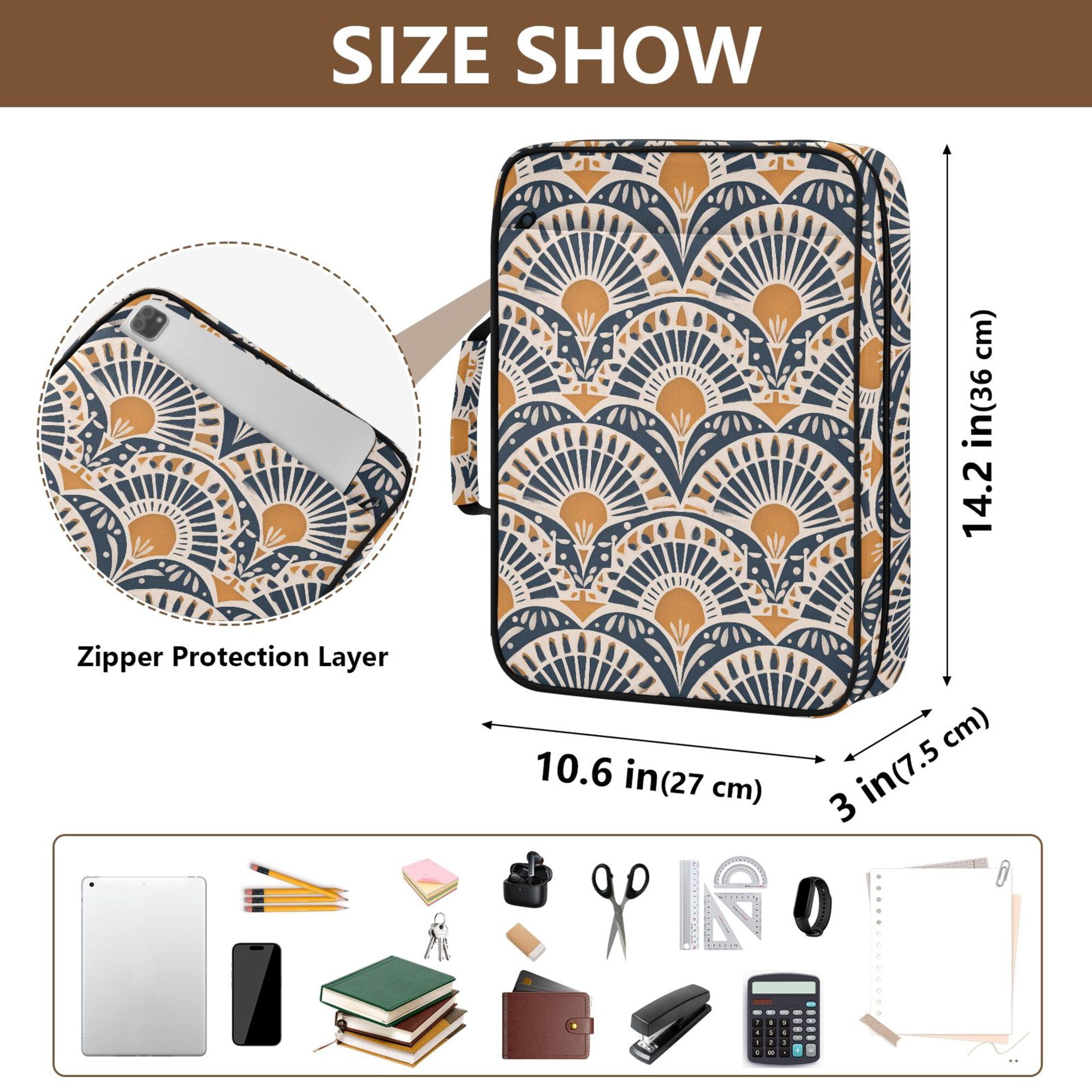 FORMRS Accordion File Folder A4 Size 7-Pocket Expanding Document Organizer Bag with 3 Ring Binder, Orange Art Pattern