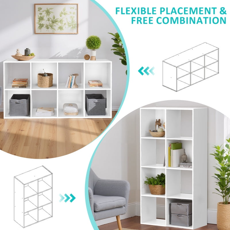 Beddle 8-Cube Storage Organizer, Open Bookshelf with Removable Back Panels, White Wood Bookcase for Living Room, Bedroom and Home Office