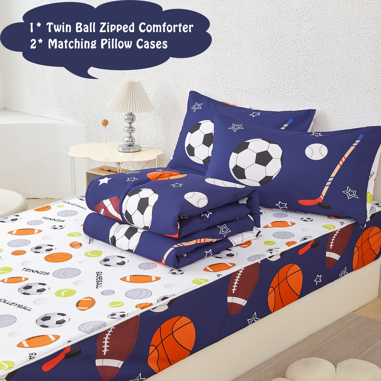 ZRNBAST 3Pcs Kids Comforter Set Sports Ball Games Zipper Bedding Set for Boys Basketball Football Baseball Comforter with Fitted Sheet and Pillowcases All in one Zipper Bedding(Navy ,Twin)