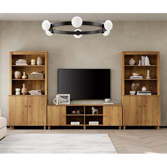 WAMPAT Modern Entertainment Center for 75" TVs, Wood TV Stand with Cabinets & Bookshelves for Living Room,Oak Brown
