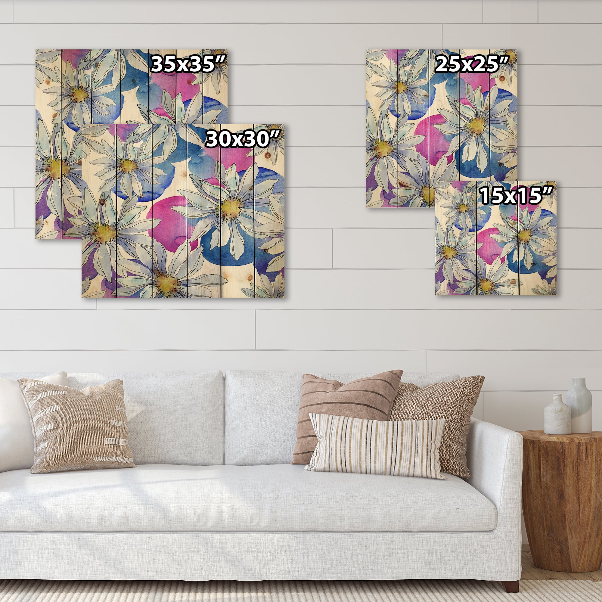 Designart 'Daisies On Red and Blue Backgorund' Traditional Print on Natural Pine Wood