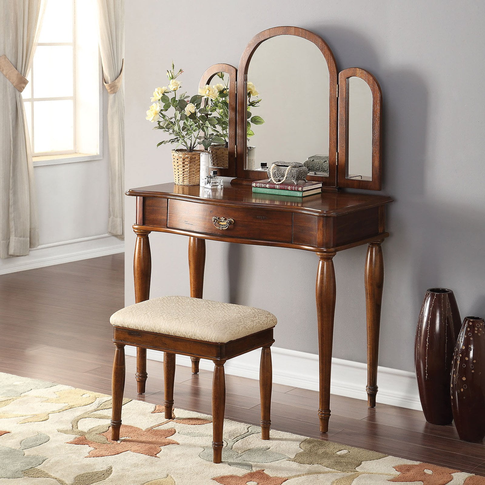Acme Burke Vanity Set Dark Hazelnut Walmart Com Walmart Com