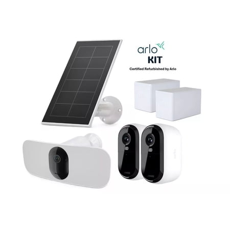 Restored Arlo Essentials KIT-HD 2nd Gen Camera, XL Battery, Pro 3 Floodlight, Solar Panel (Refurbished)