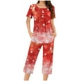 thumbnail image 2 of Wowcloth Woman's Pajama Set, Fashionable Loose-Fit Christmas Print Round Neck Short Sleeve Button-Up Top with Capri Pants, Cozy Homewear for Holiday Season and Relaxation, 2 of 6