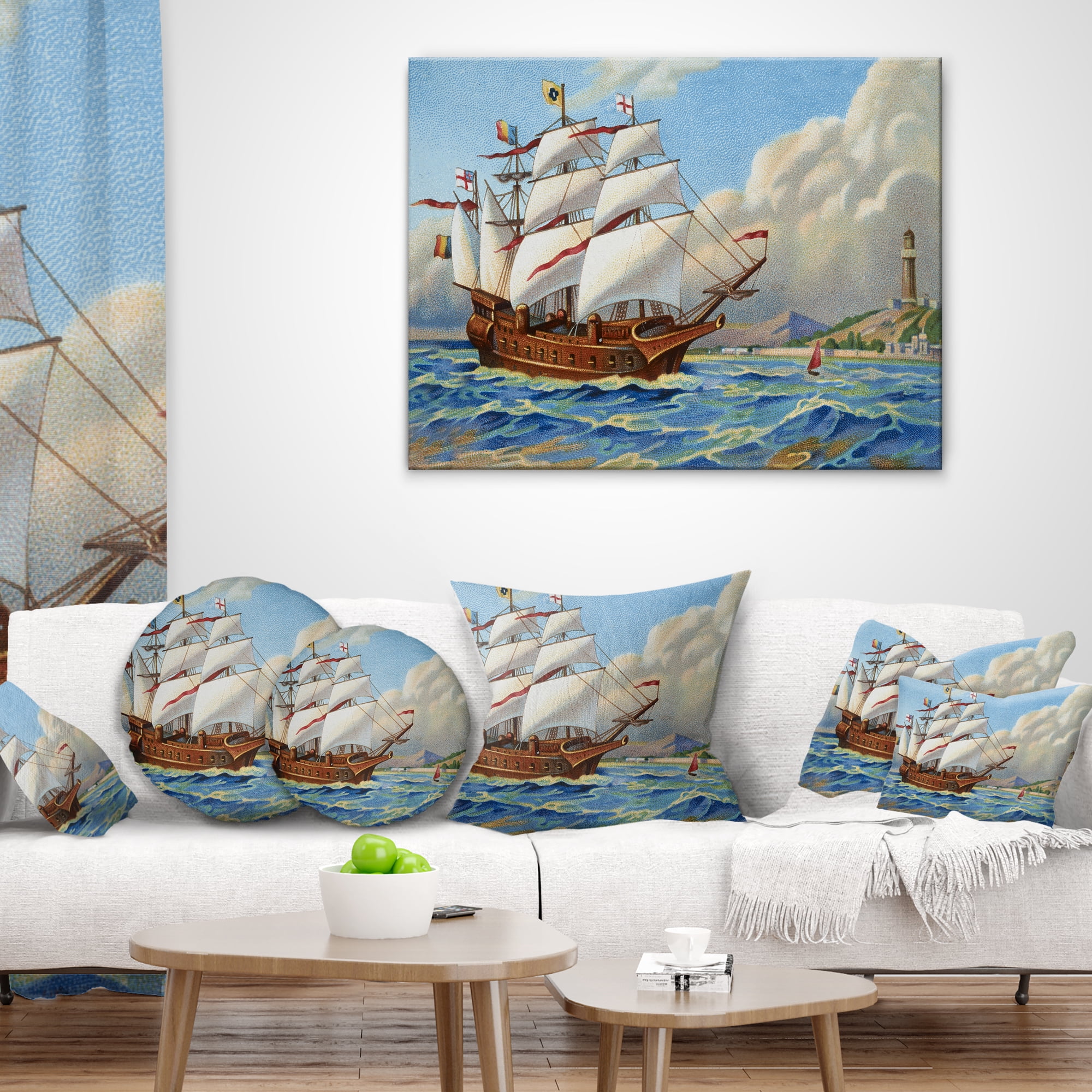 Designart Ancient Boat Drifting in Sea - Seascape Throw Pillow - 16x16