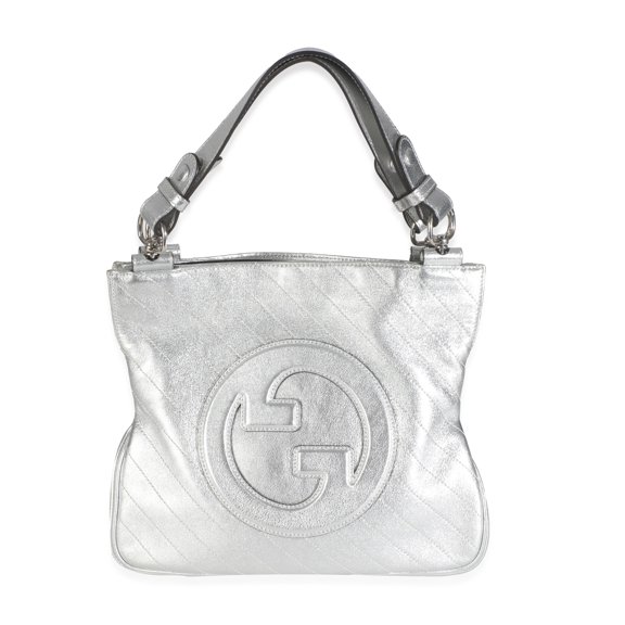 Pre-Owned Gucci Silver Metallic Sakai Diagonal Stitched Calfskin Small Blondie Tote